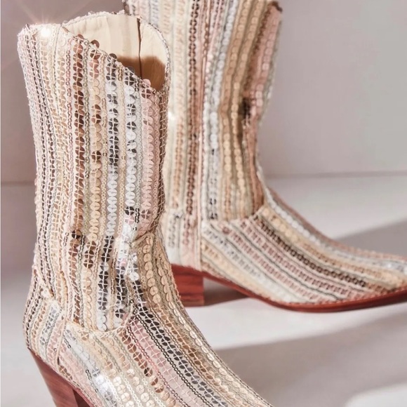 Free People MOMO Luna Sequin Boots Ivory Gold Silver Cowboy Back Zipper - Picture 4 of 12
